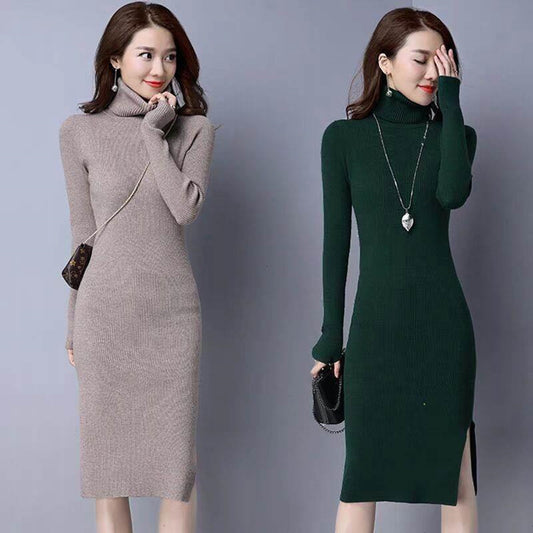 Turtle Neck Sweater Dress with Side Slit