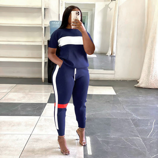 Striped Sweater/Short Sleeve 2-Piece Pants Suit