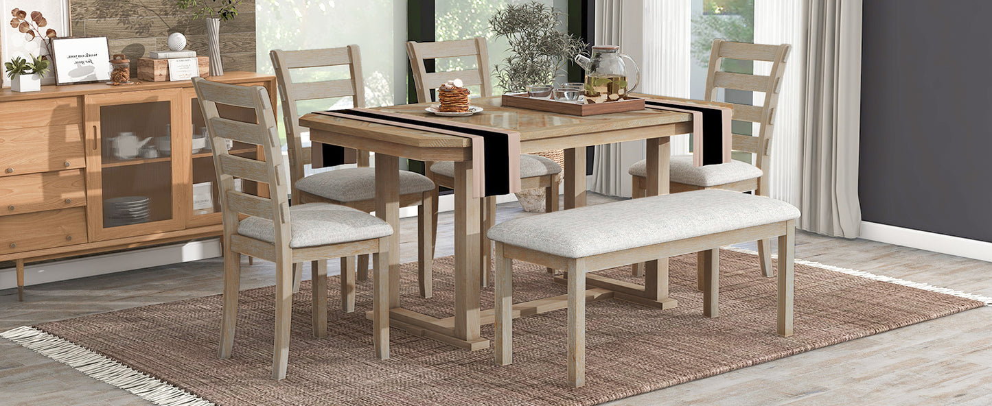Juego de mesa de comedor de madera Chevron de 6 piezas con banco