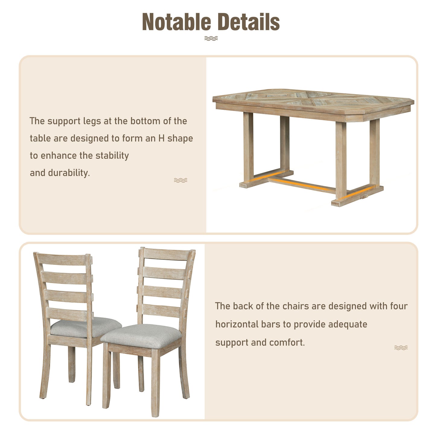 Juego de mesa de comedor de madera Chevron de 6 piezas con banco