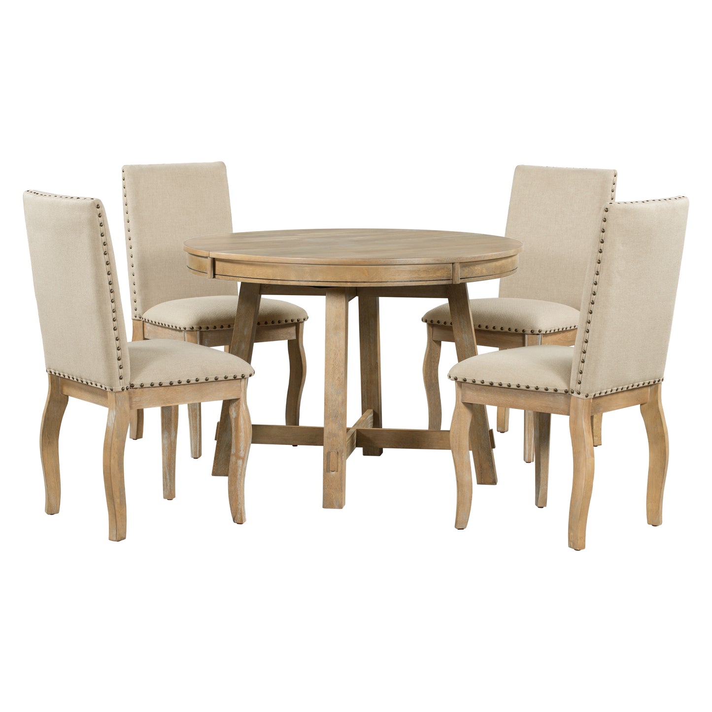 Mesa de comedor extensible redonda de madera de 5 piezas y 4 sillas de comedor tapizadas
