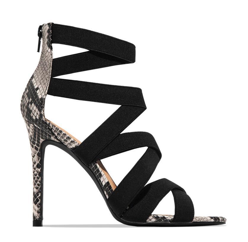 Offener Damen-High-Heel mit elastischem Riemen und Schlangenledermuster