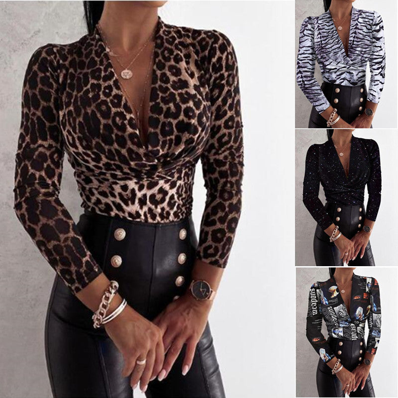 Long Sleeve V-neck Leopard/Tiger Print Ladies Blouse Top