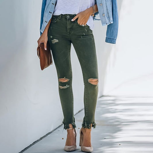 Women's Dark Green Raw Design Ripped Jeans