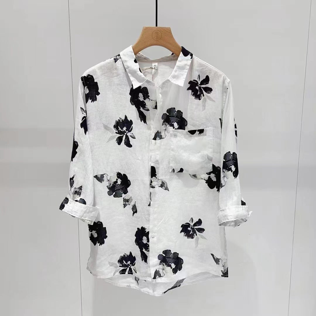 Camisa con solapa y botones de película negra para mujer
