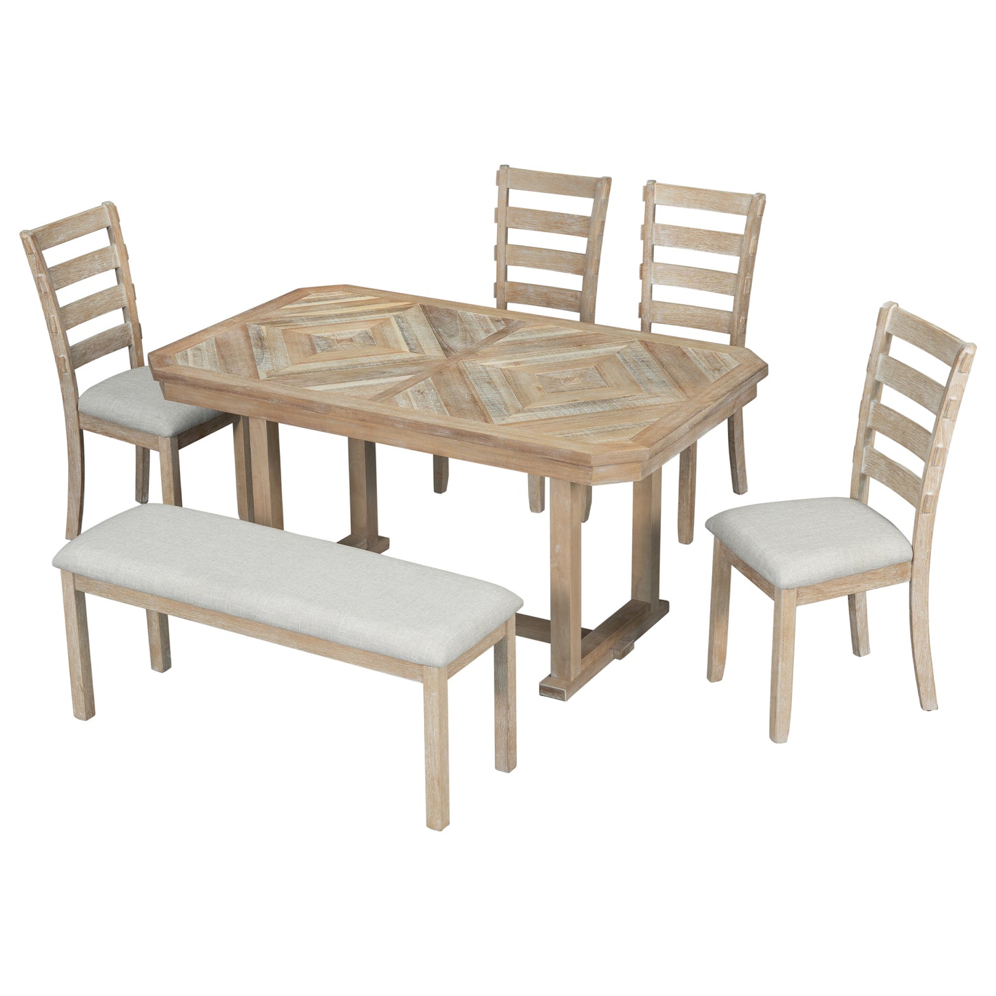 Juego de mesa de comedor de madera Chevron de 6 piezas con banco
