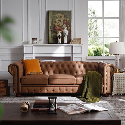 Brown Vegan Leather Tufted Sofa