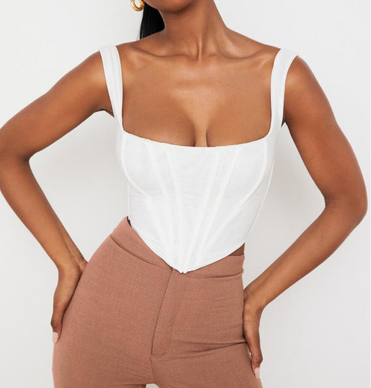 Camisa sin mangas con corsé y cuello cuadrado: lavanda, negro, blanco y marrón