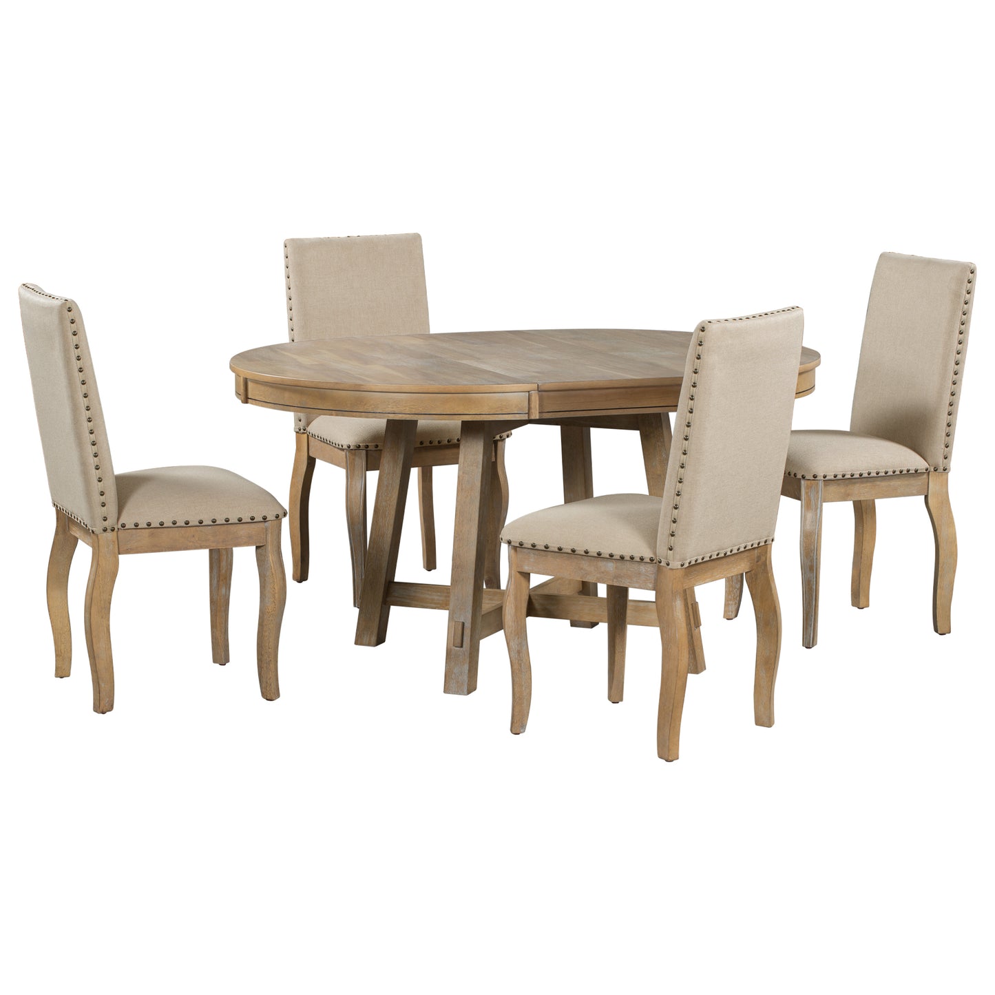 Mesa de comedor extensible redonda de madera de 5 piezas y 4 sillas de comedor tapizadas