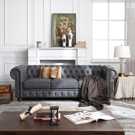 Dark Grey Vegan Leather Tufted Sofa