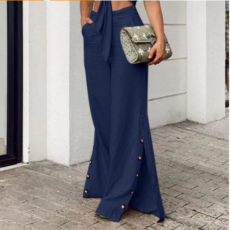 Pantalones anchos de lino y algodón con cintura alta de moda de primavera