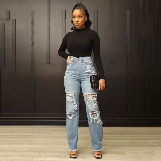 Women's Denim Wash High Waist Straight Ripped Jeans