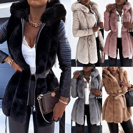 Chaqueta de manga larga de cuero PU con chaleco de piel