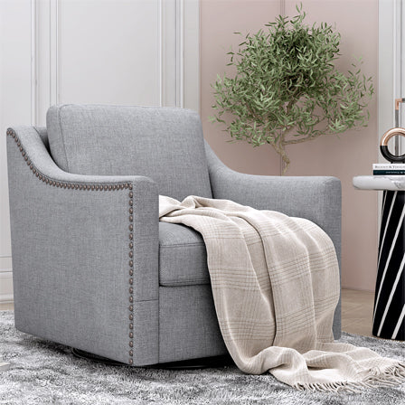 360 Degree Swivel Armchair Cotton Linen Fabric Ergonomic Design Brass Nail Head Detail