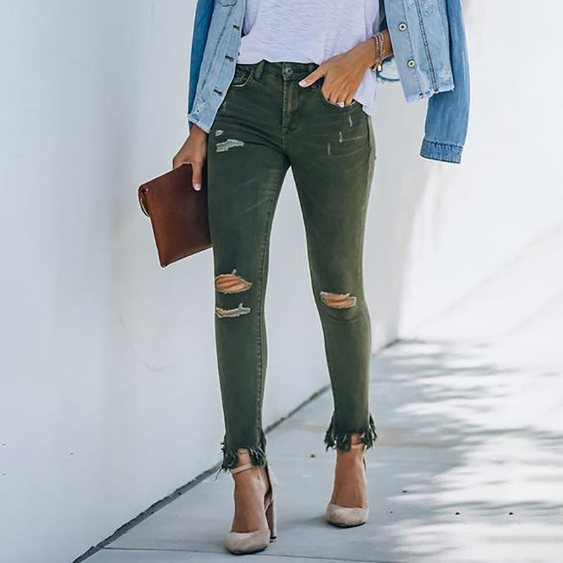 Vaqueros rasgados con diseño crudo verde oscuro para mujer