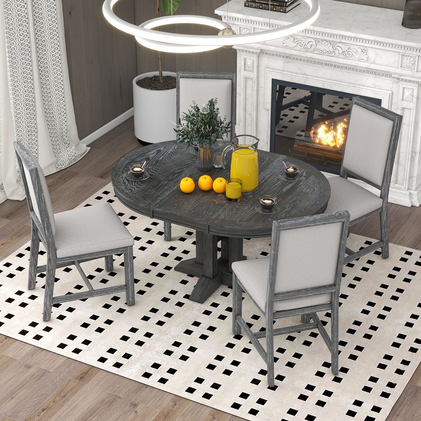 5-teiliges Esszimmer-Set, ausziehbarer runder Tisch und 4 gepolsterte Stühle, Bauernhaus (Schwarz)