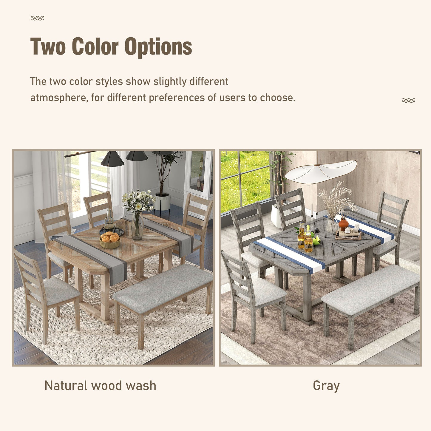 Juego de mesa de comedor de madera Chevron de 6 piezas con banco