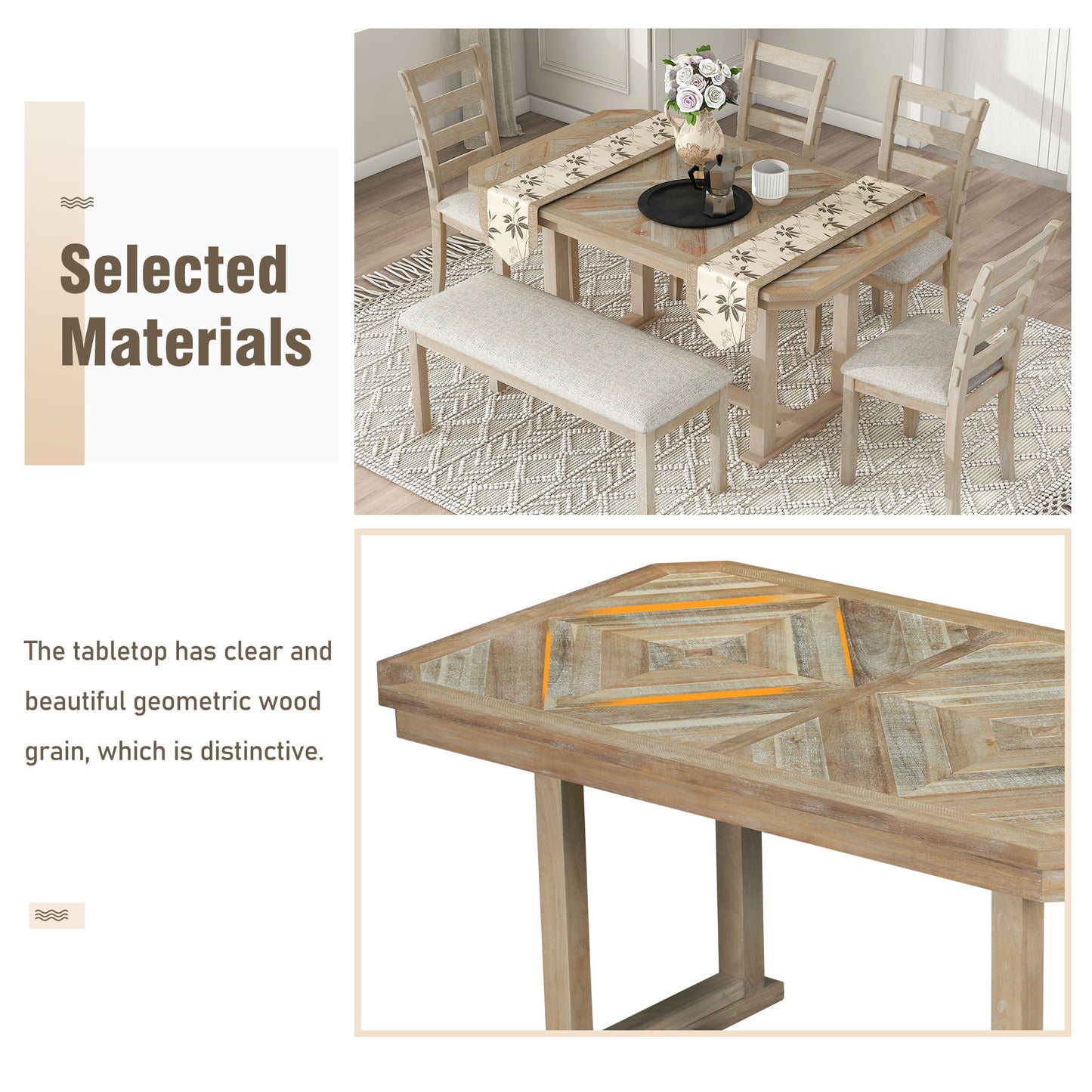 Juego de mesa de comedor de madera Chevron de 6 piezas con banco