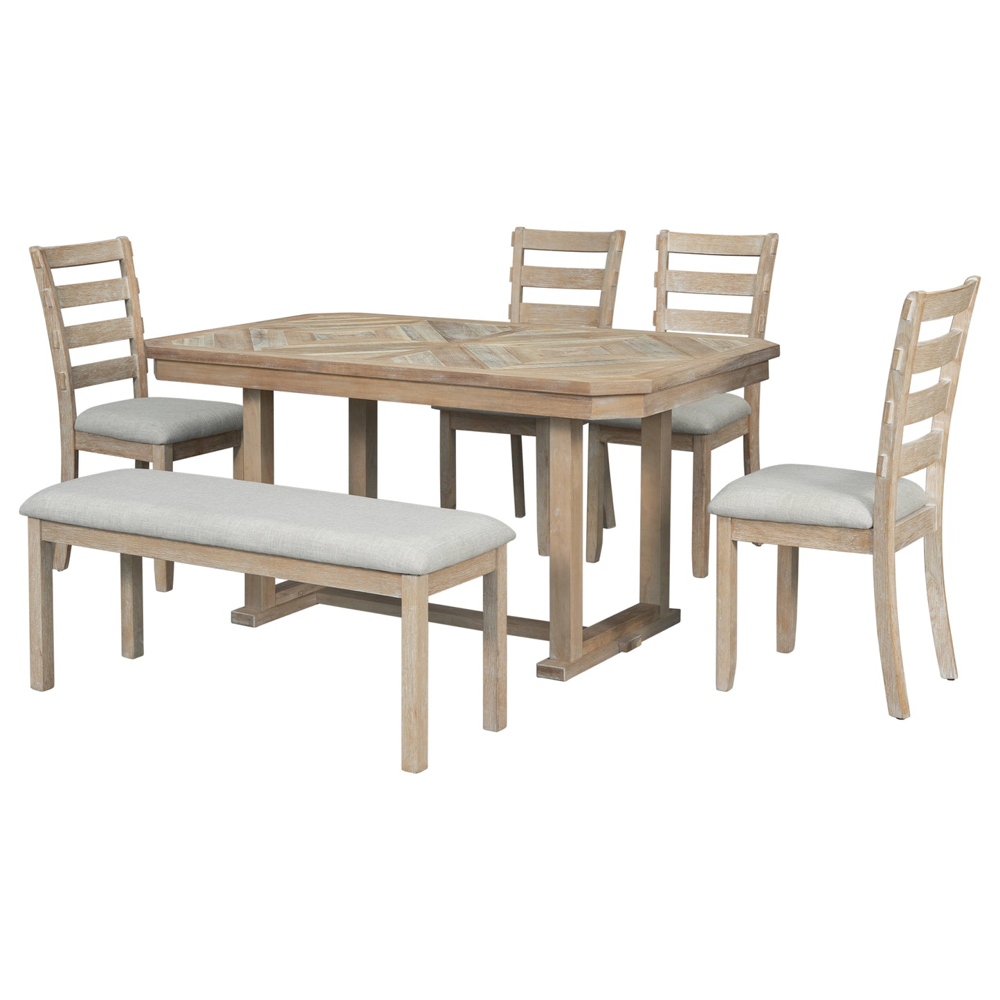 Juego de mesa de comedor de madera Chevron de 6 piezas con banco
