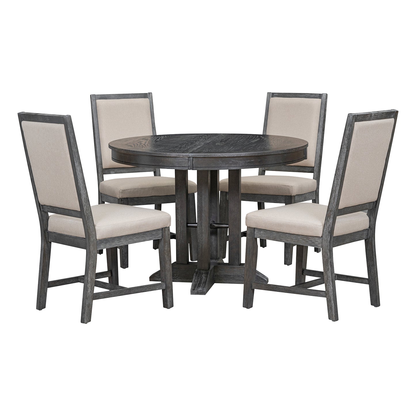 5-teiliges Esszimmer-Set, ausziehbarer runder Tisch und 4 gepolsterte Stühle, Bauernhaus (Schwarz)