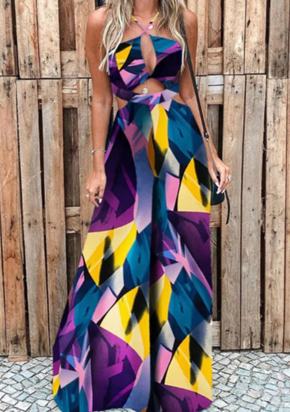 Gefiederter Jumpsuit mit Ausschnitten und mehreren Druckoptionen
