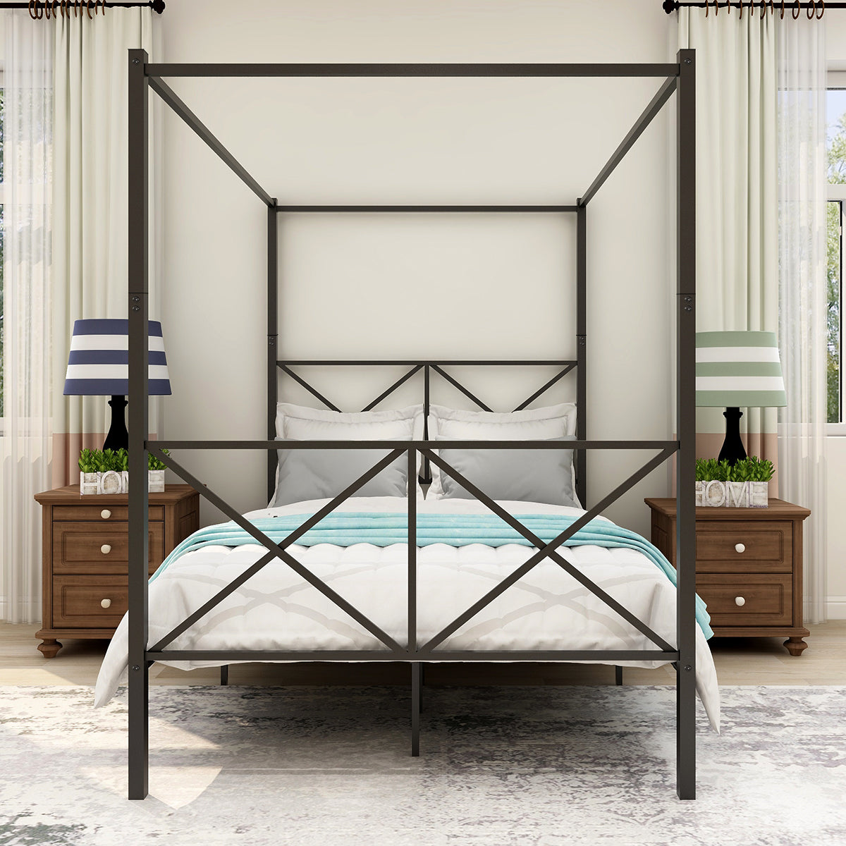 Estructura de cama con detalle en X y dosel de metal de tamaño completo