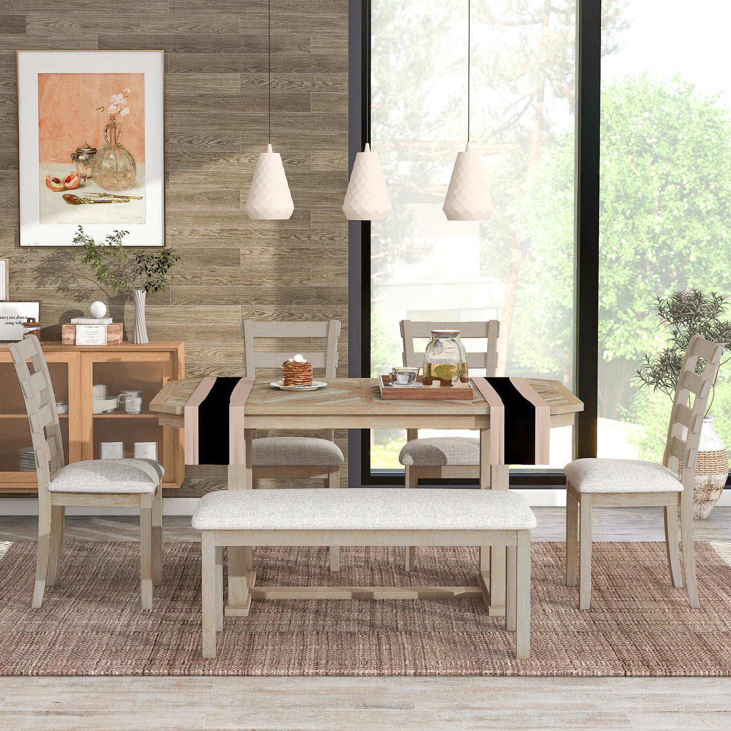Juego de mesa de comedor de madera Chevron de 6 piezas con banco