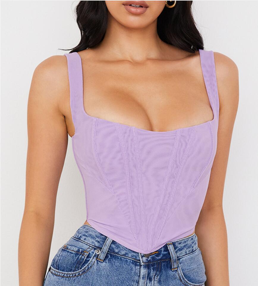 Camisa sin mangas con corsé y cuello cuadrado: lavanda, negro, blanco y marrón