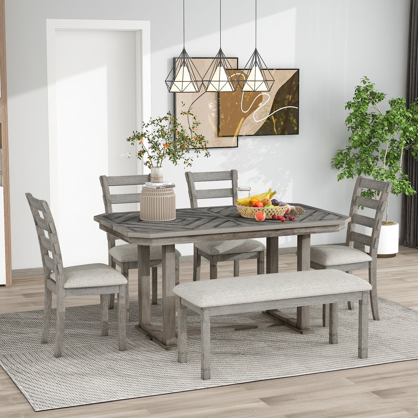 6-teiliges Esstisch-Set mit Chevron-Holzmaserung, gepolsterten Stühlen und Bank (grau)