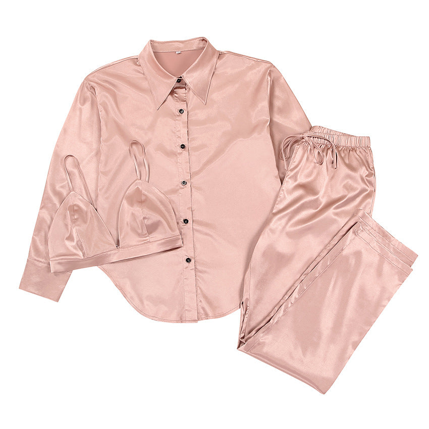 Conjunto de pijama de mujer sedoso de tres piezas