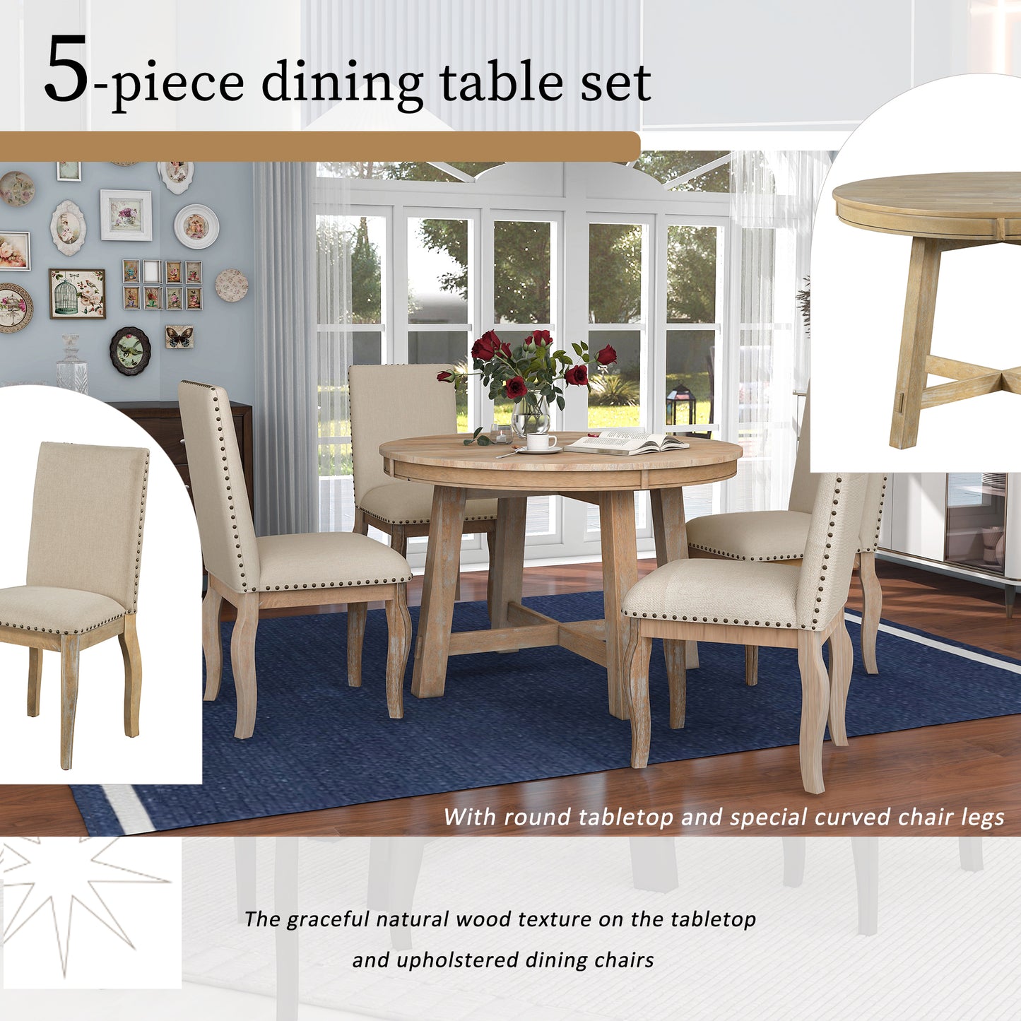 Mesa de comedor extensible redonda de madera de 5 piezas y 4 sillas de comedor tapizadas