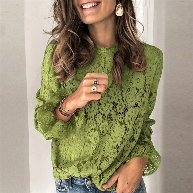 Lace Floral Round Neck Women's Shirt