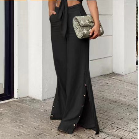 Pantalones anchos de lino y algodón con cintura alta de moda de primavera