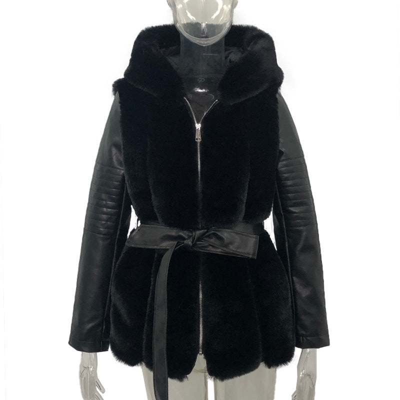 Chaqueta de manga larga de cuero PU con chaleco de piel