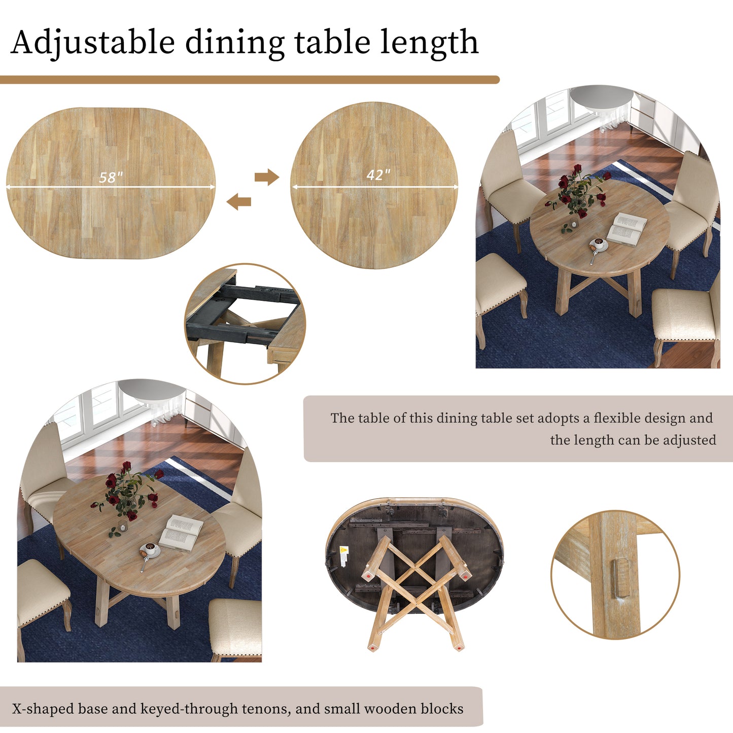Mesa de comedor extensible redonda de madera de 5 piezas y 4 sillas de comedor tapizadas