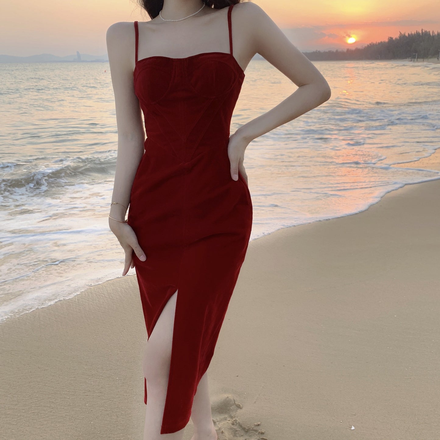 Red Velvet Slit Dress