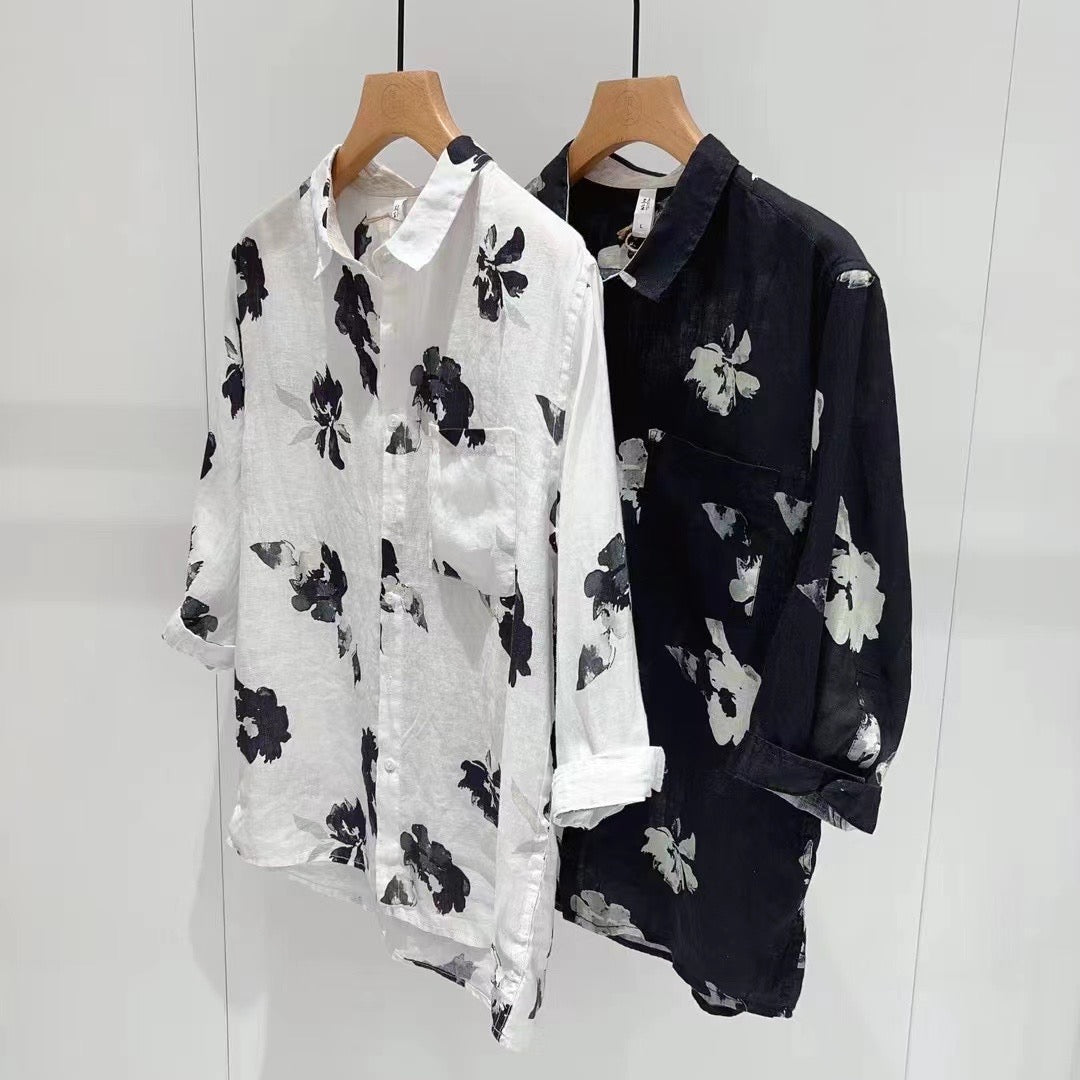 Camisa con solapa y botones de película negra para mujer