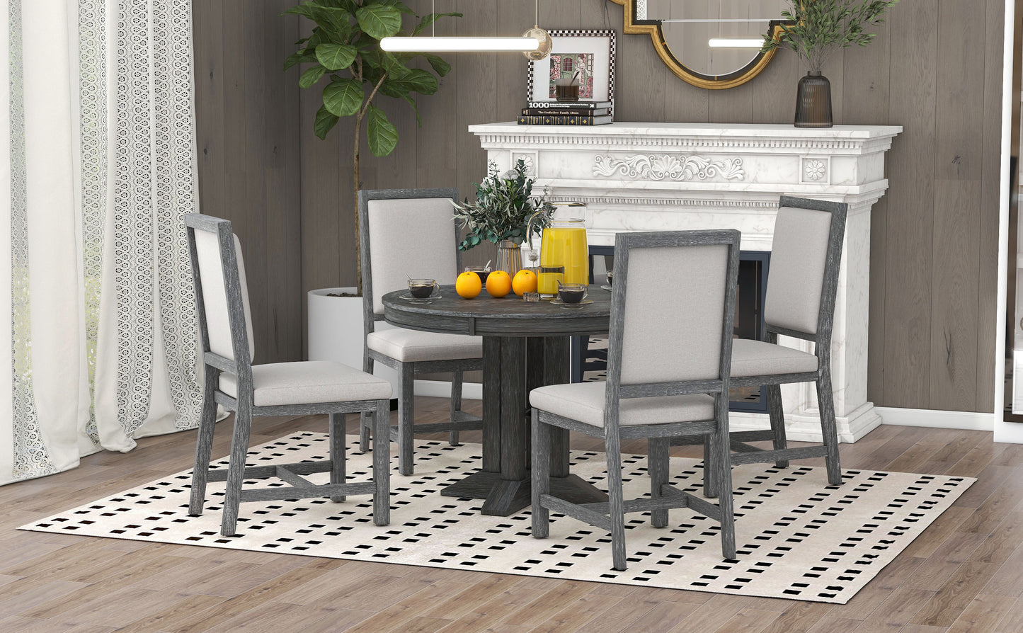 5-teiliges Esszimmer-Set, ausziehbarer runder Tisch und 4 gepolsterte Stühle, Bauernhaus (Schwarz)