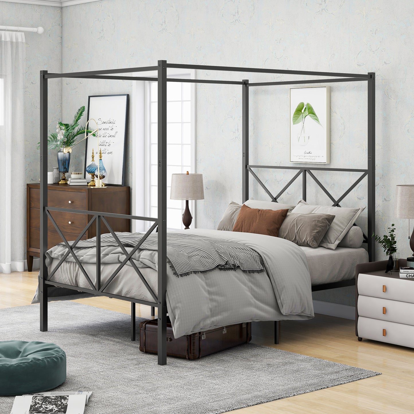 Estructura de cama con detalle en X y dosel de metal de tamaño completo