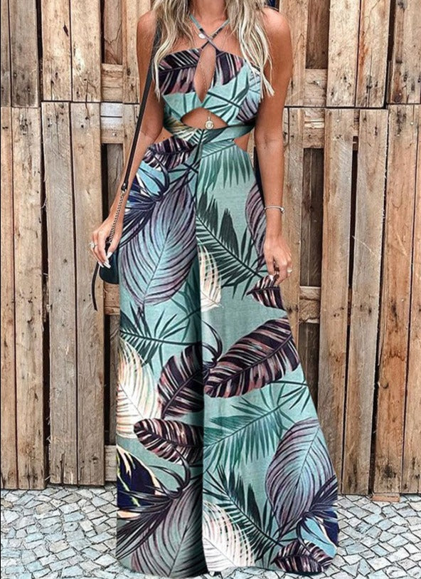 Gefiederter Jumpsuit mit Ausschnitten und mehreren Druckoptionen