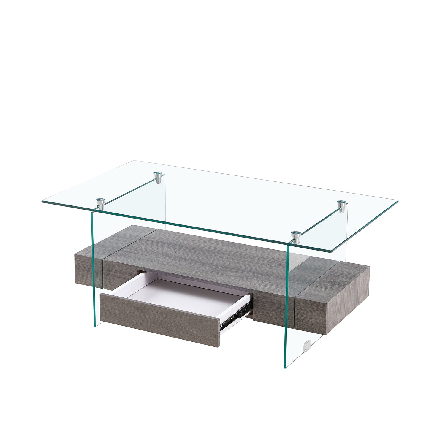 37.8" Tempered Glass & Grey Wash Wood Look Coffee Table with Dual Shelves and Drawer