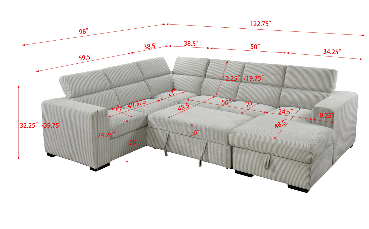 Modern Corduroy Sectional Sofa with Adjustable Headrest