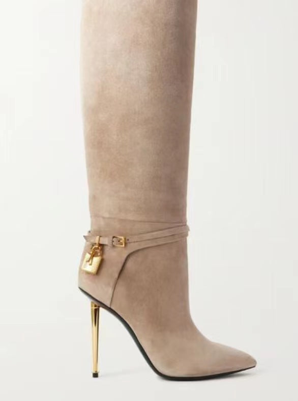 Calf Leather or Suede Gold Heel Accented Boots (Color Options)