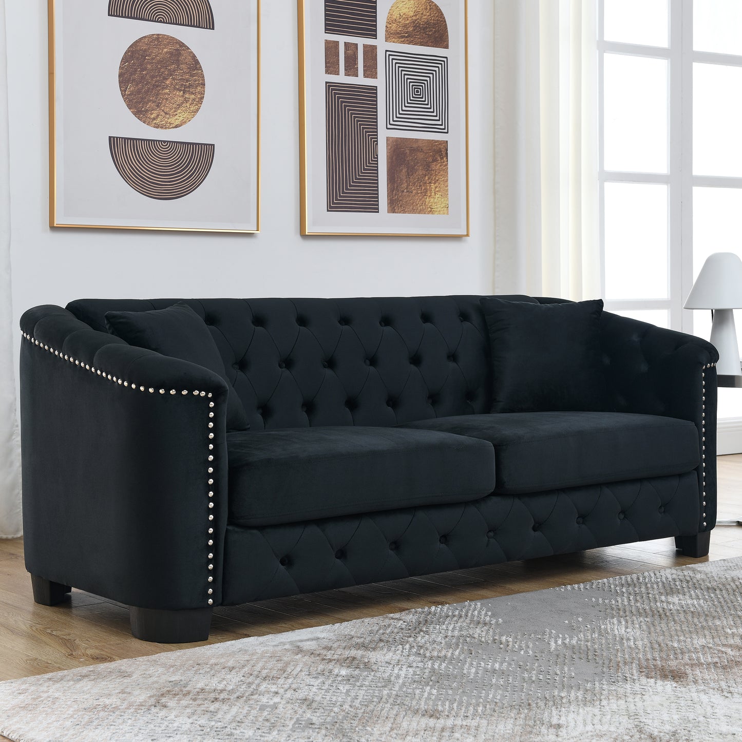 Getuftete Wohnzimmer-Sofagarnitur aus schwarzem Samt