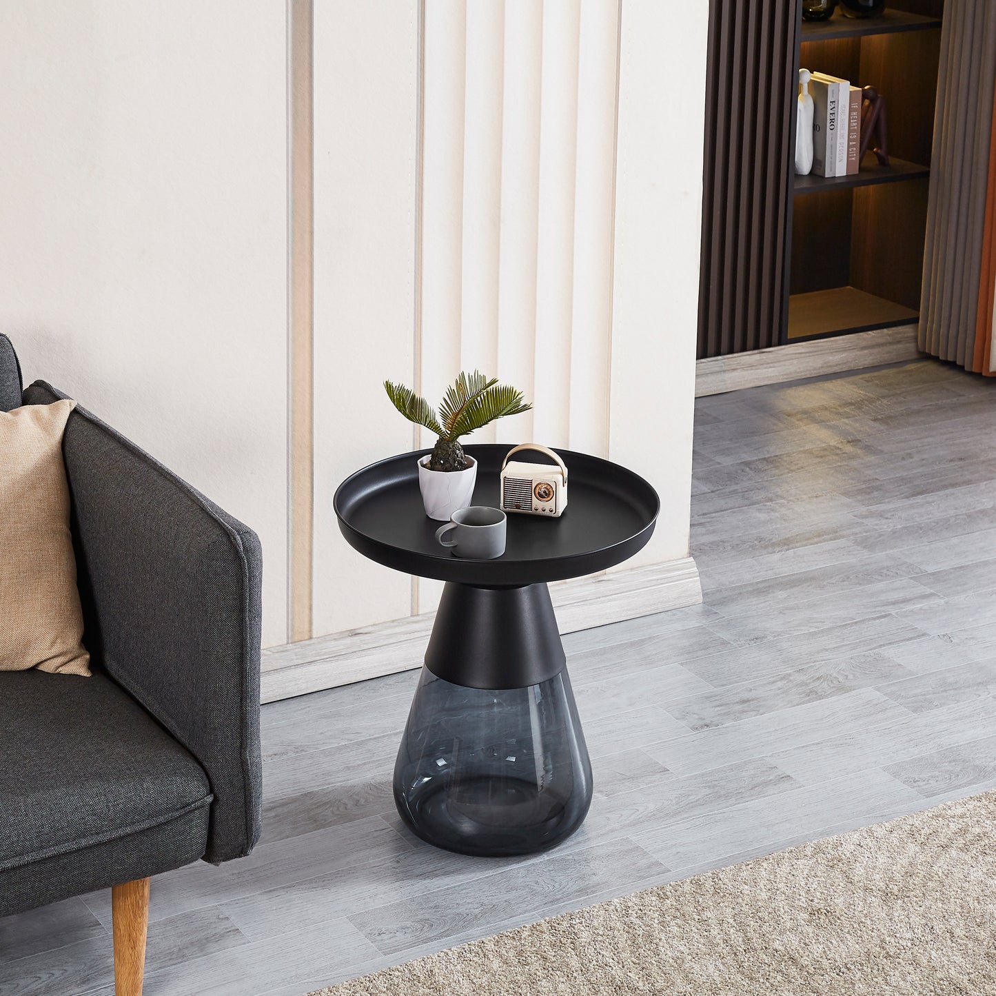 Smoke Glass Base & Matte Black Side Table