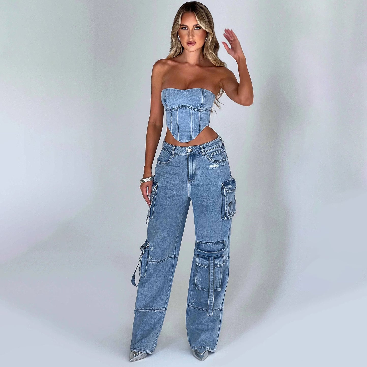 Women's Denim Cargo Jeans & Tube Top Set