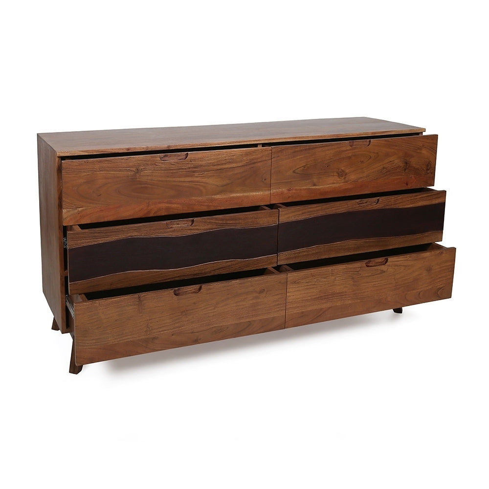 Kommode mit sechs Schubladen aus Akazienholz im Live Edge-Stil