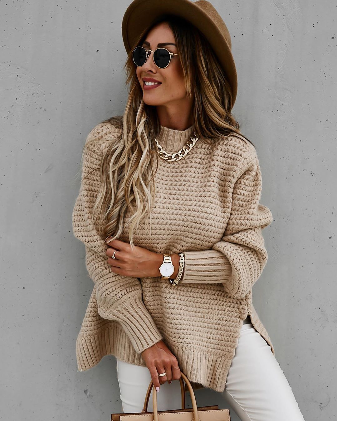 Waffle Knitted Side Slits Sweater