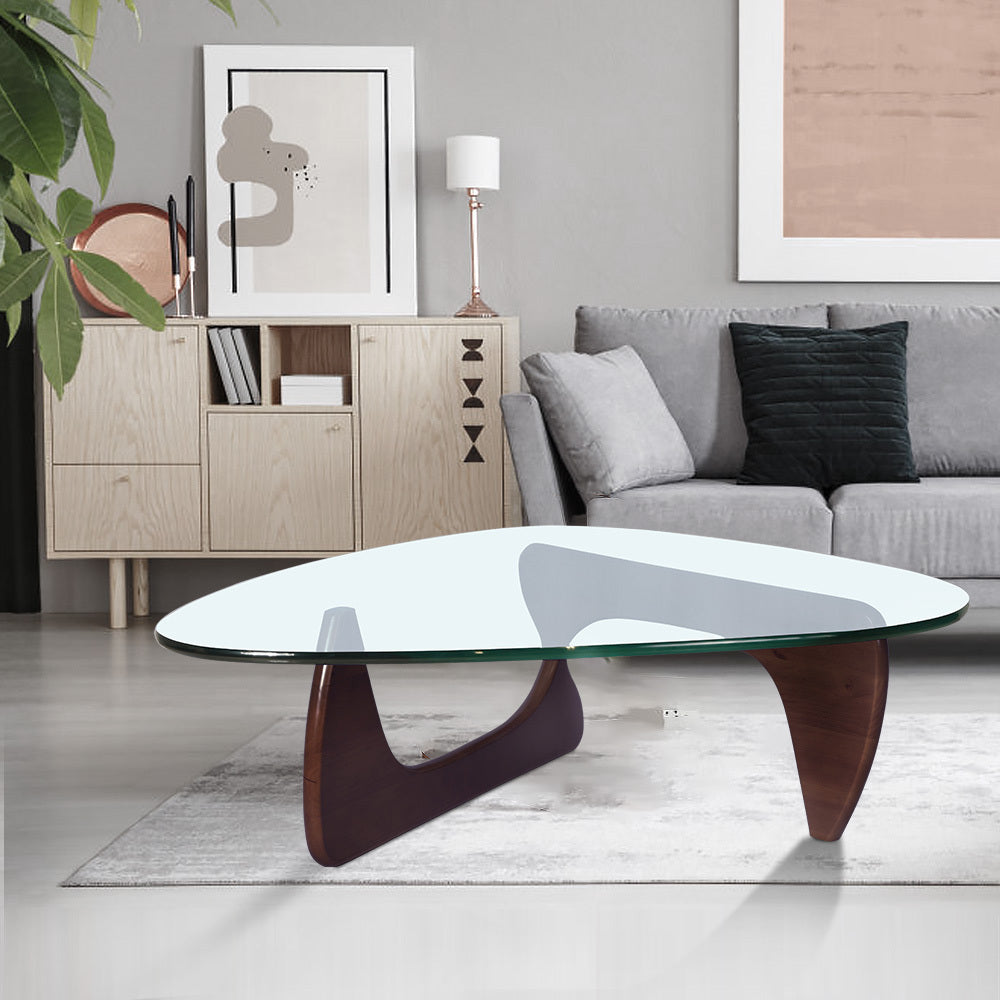 Giovanni Glass Top Dark Walnut Wood Triangle Base Coffee Table