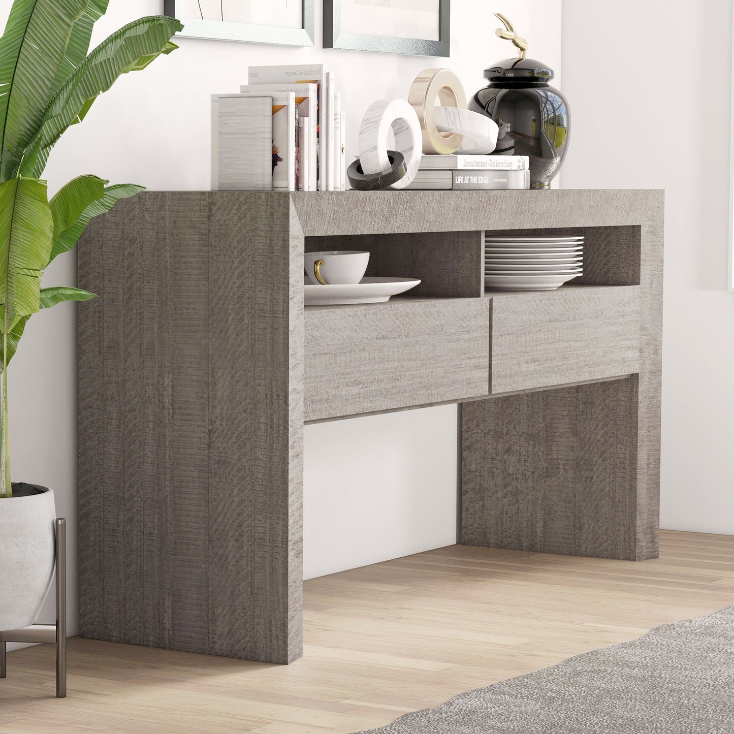 Farmhouse Buffet Storage Cabinet (62*18.8*33.5inch), Sideboard with 2 Drawers and 2 Open Storage Console - Grey